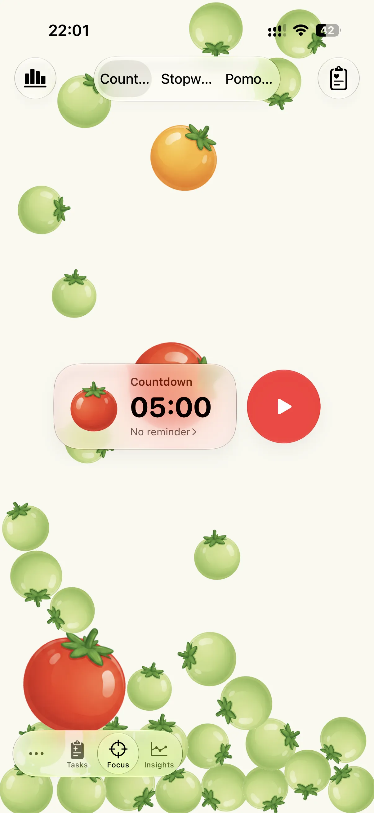 DoTask focus screen: Pomodoro timer and tomato garden