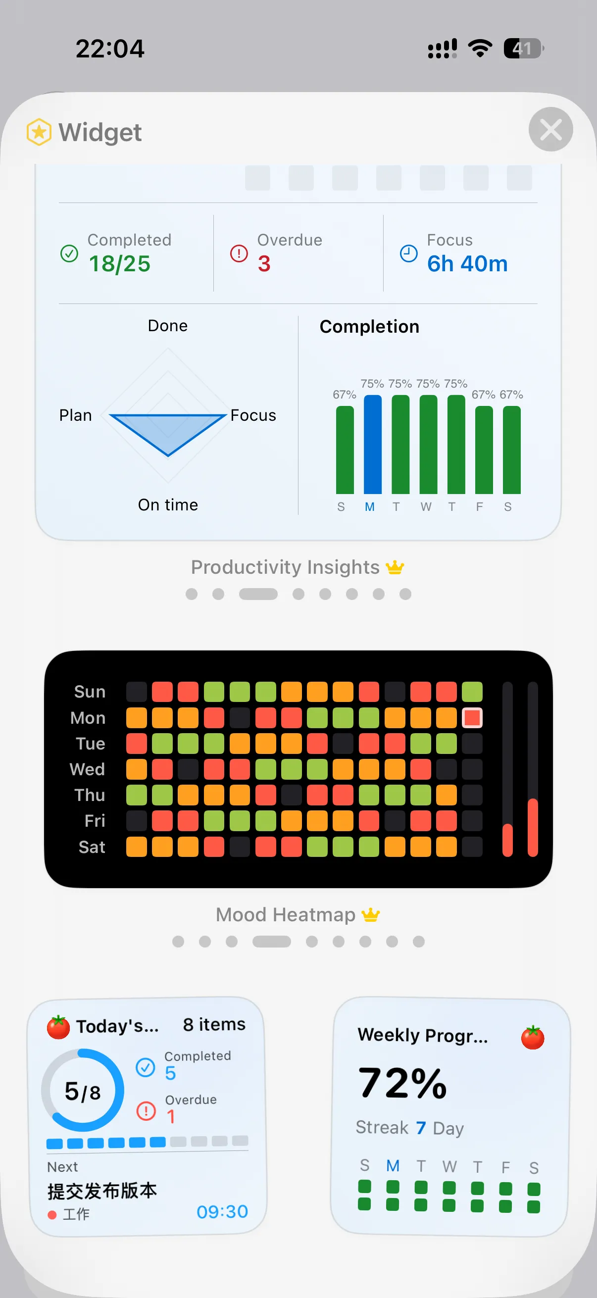 DoTask widget gallery: today reminders, focus, and statistics